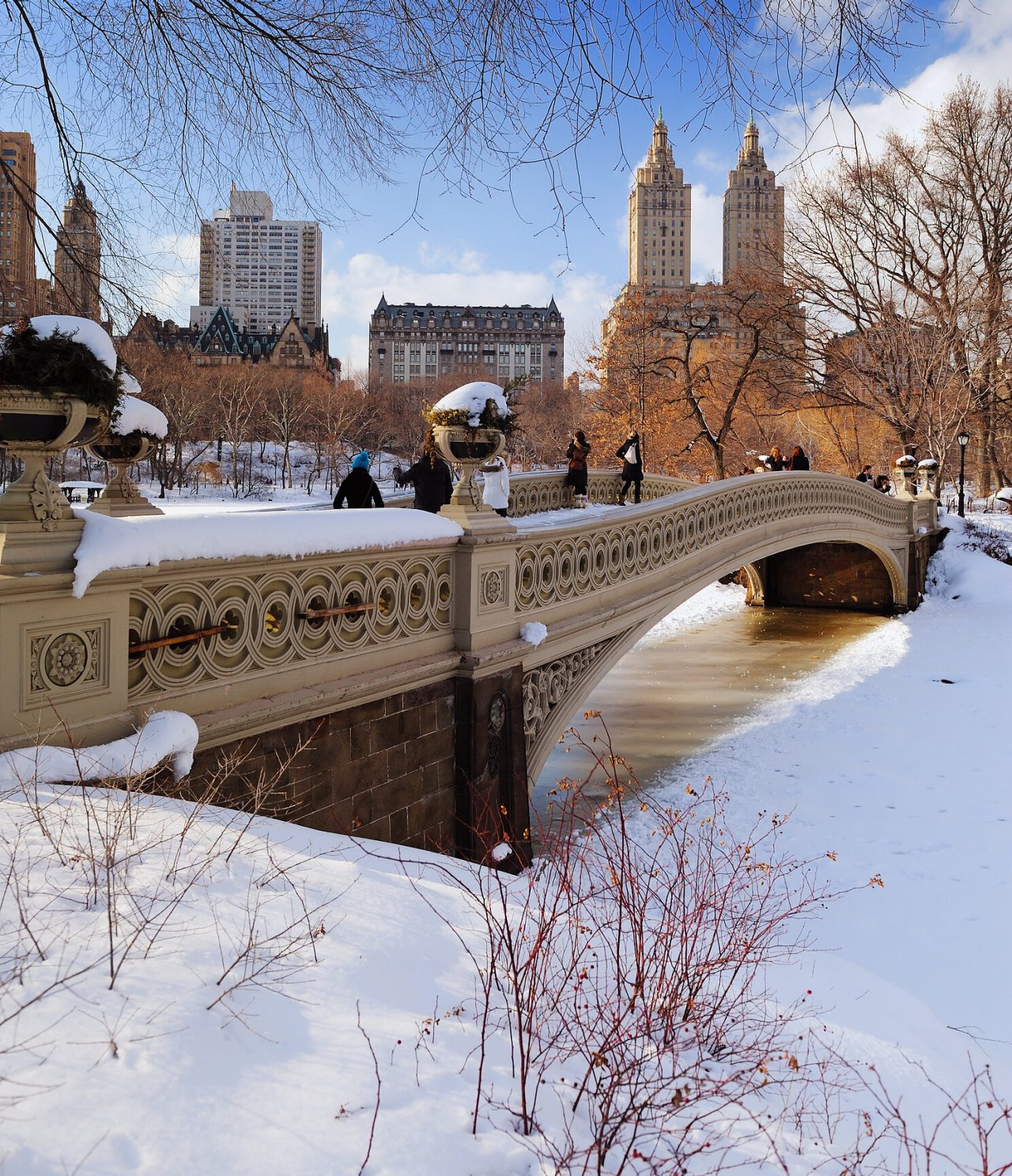 Puente en un parque de Nueva York cubierto de una capa de nieve, con un lago congelado debajo y edificios de fondo