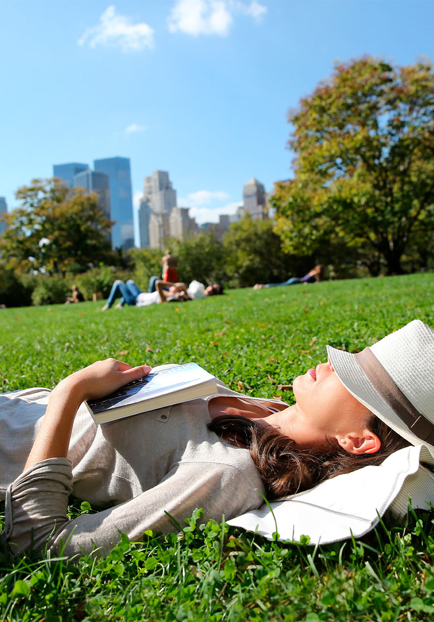 Vista panorámica de Central Park, con el horizonte de Manhattan al fondo y personas descansando en el césped