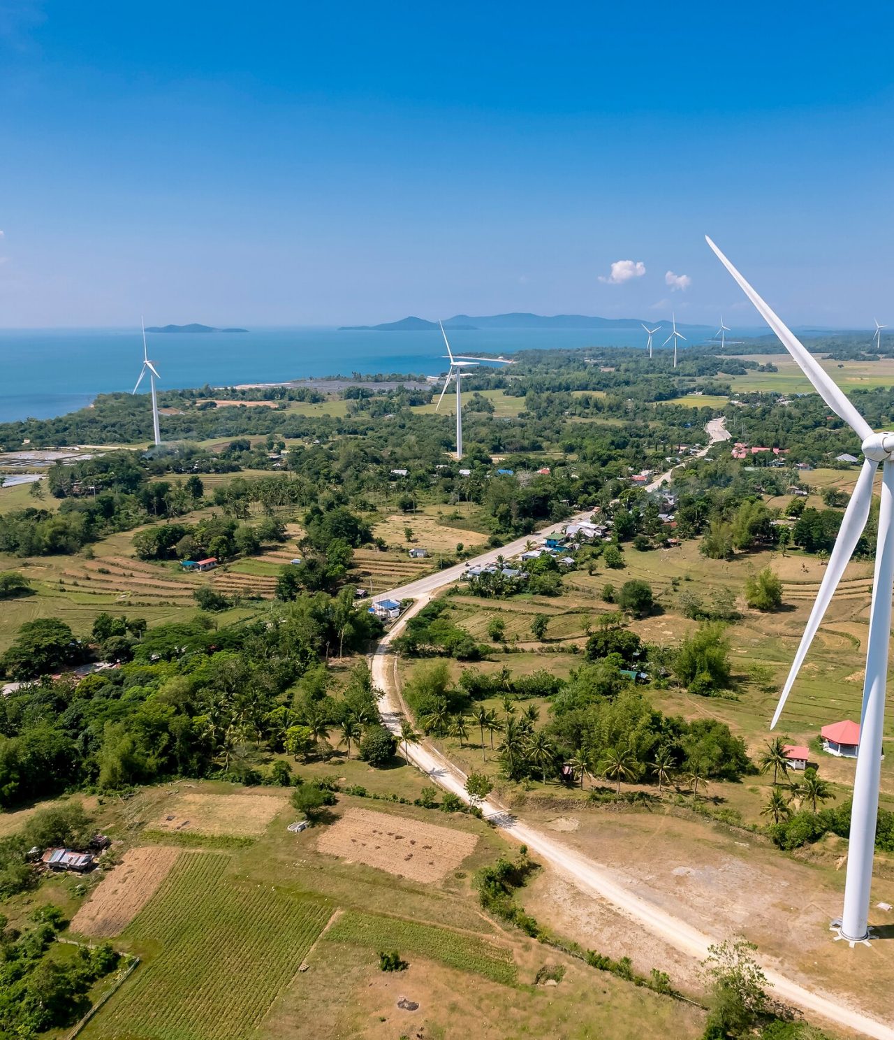 Vista aérea de varias turbinas eólicas entre la vegetación, con una carretera en medio y el mar al fondo