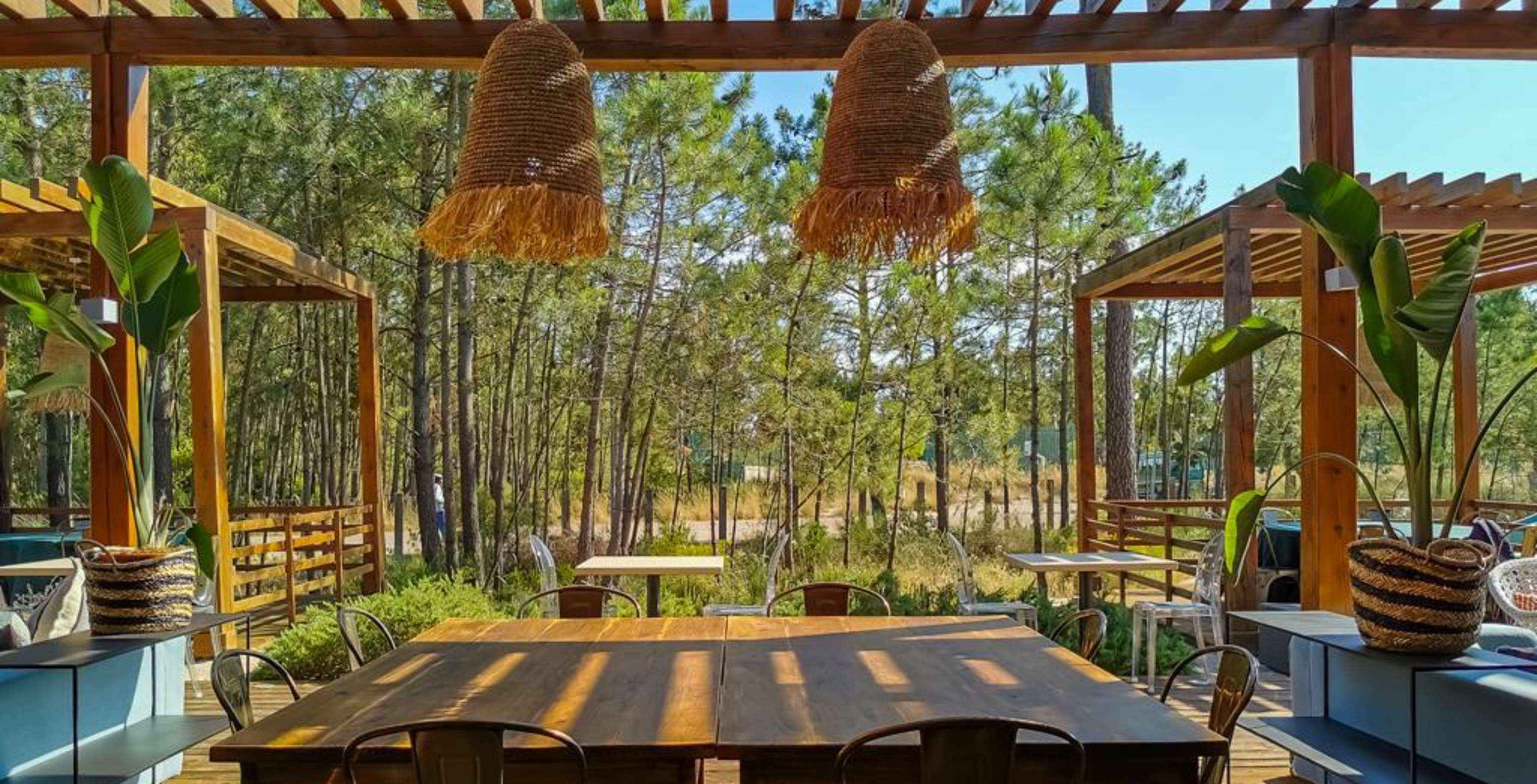 Outdoor space of Grão de Bico restaurant at Pestana Tróia Eco Resort, with various tables and chairs overlooking trees