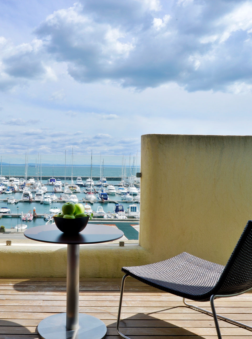 The Superior Double Room at Pestana Cidadela Cascais has a balcony with a table and chair and a sea view