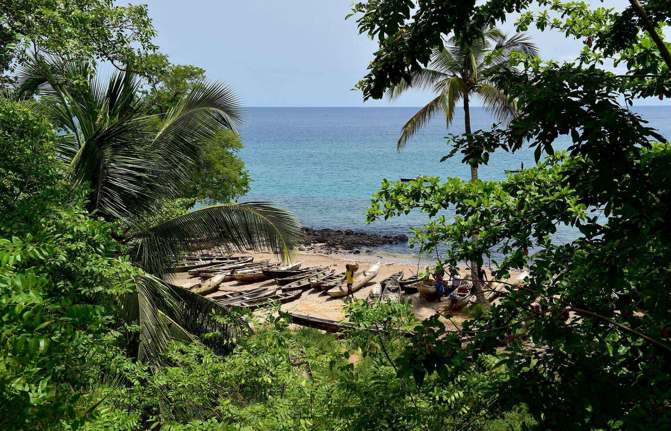 Vista de una playa en Santo Tomé y Príncipe, rodeada de árboles y vegetación, con canoas en la arena y el mar al fondo.
