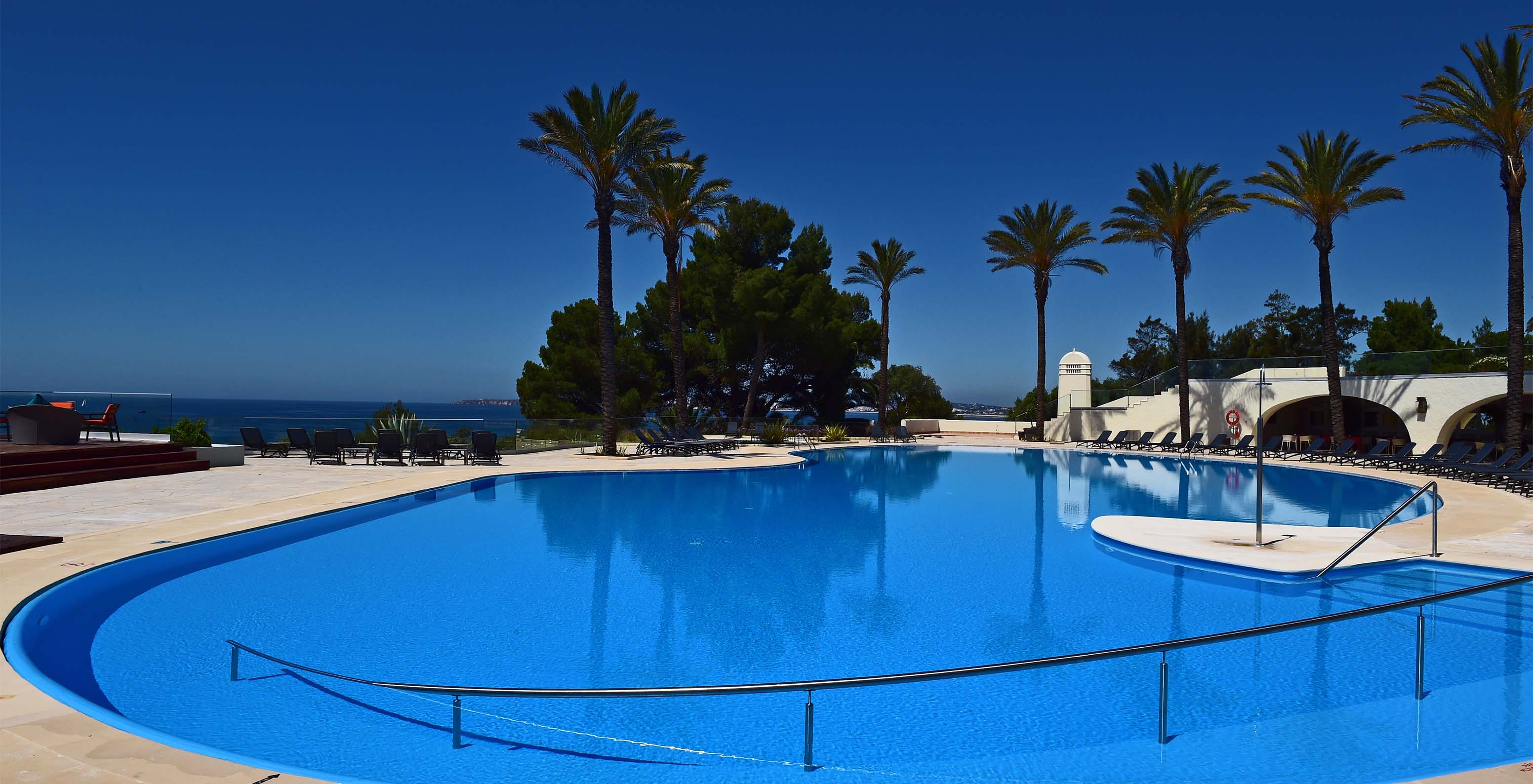 Buiten zwembad met ligstoelen, palmbomen en terras, jacuzzi, uitzicht op de zee en het strand, en een blauwe lucht
