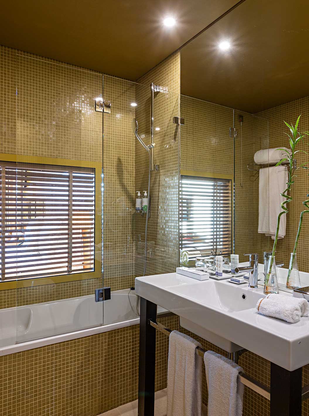 De Executive Superior heeft een badkamer met een bad en een raam naar de slaapkamer