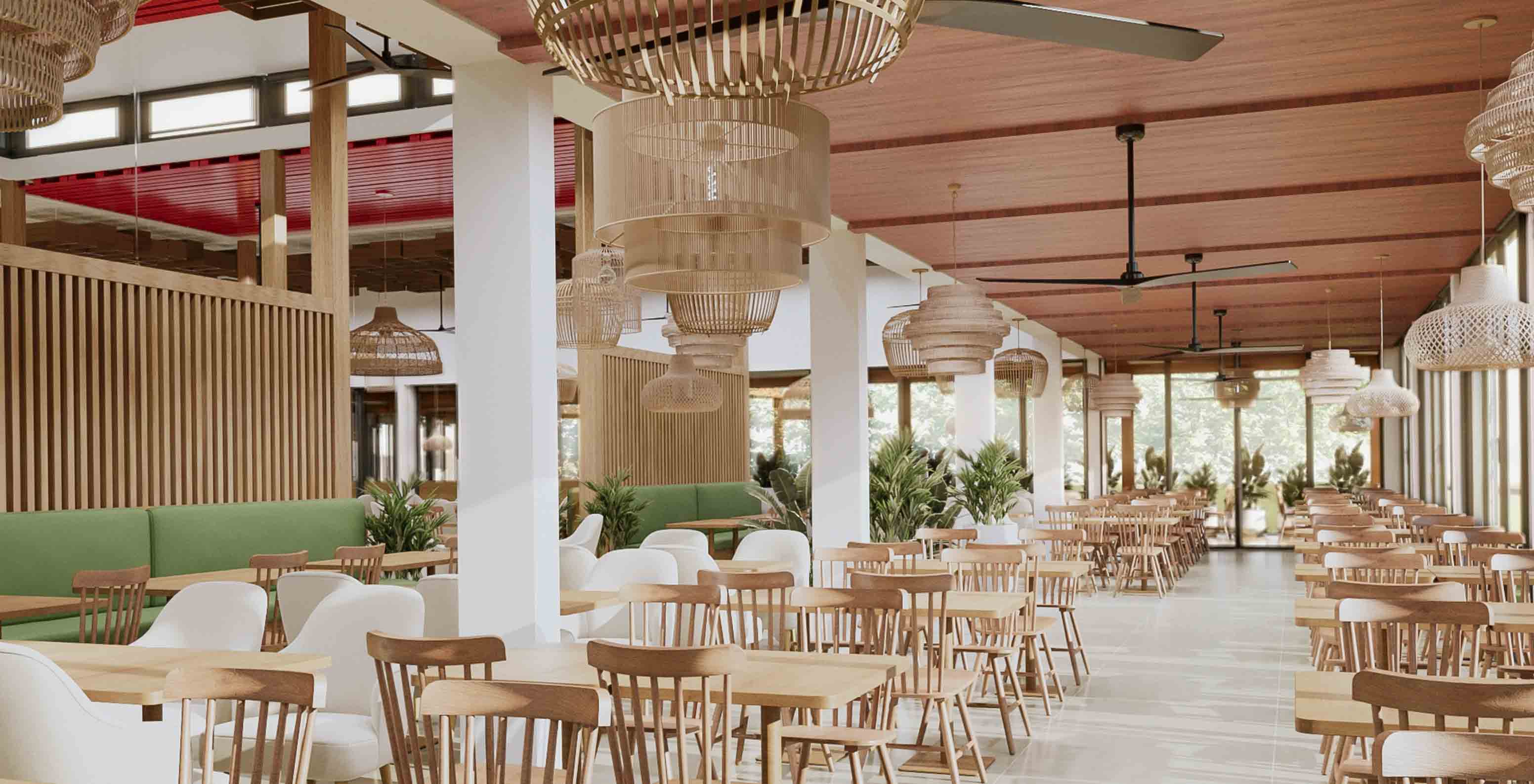 Restaurante buffet do Pestana Dunas Porto Santo, com mesas de madeira e luminárias de vime sob teto de madeira