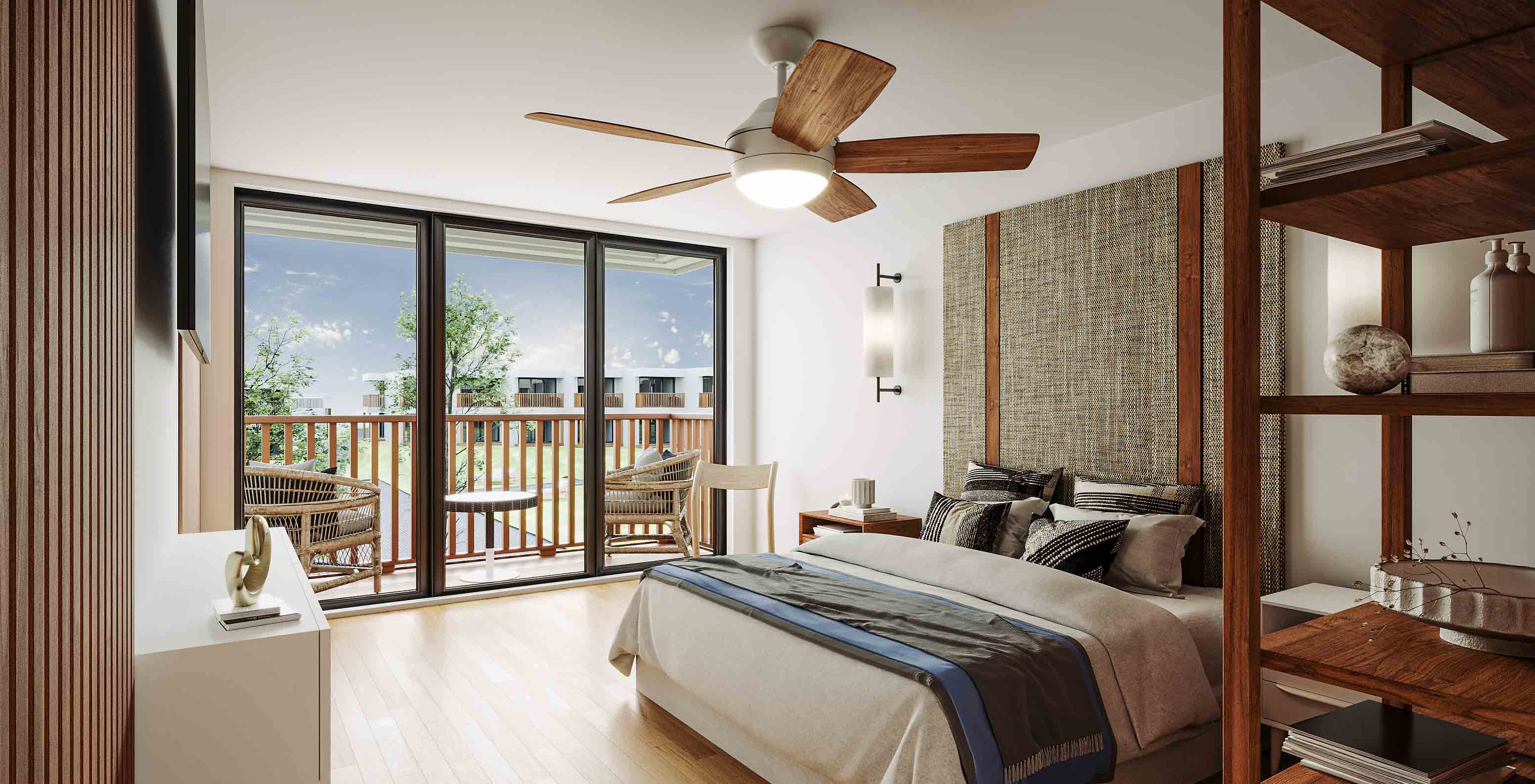 Quarto Superior Familiar do Pestana Dunas Porto Santo com cama dupla, varanda e vista para o jardim