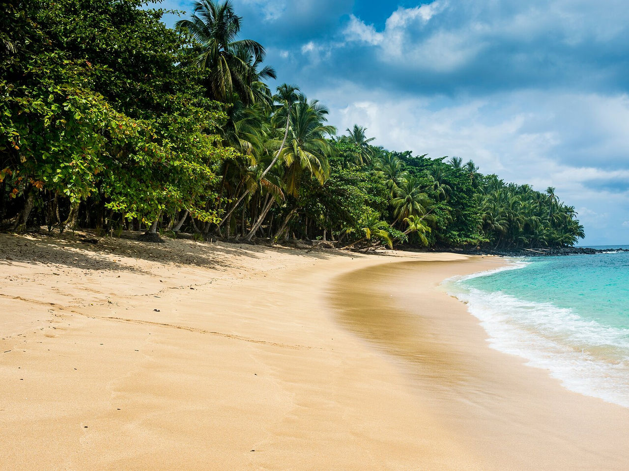Deserted beach in São Tomé, with very blue and calm sea, and dense vegetation surrounding the beach