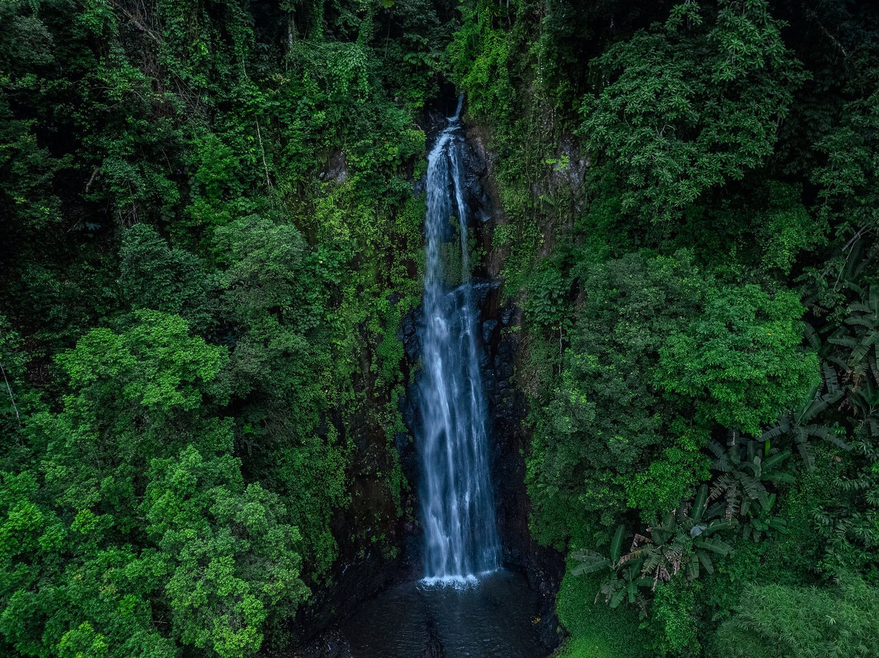 Long waterfall in the middle of dense vegetation, flowing into a small lake in São Tomé