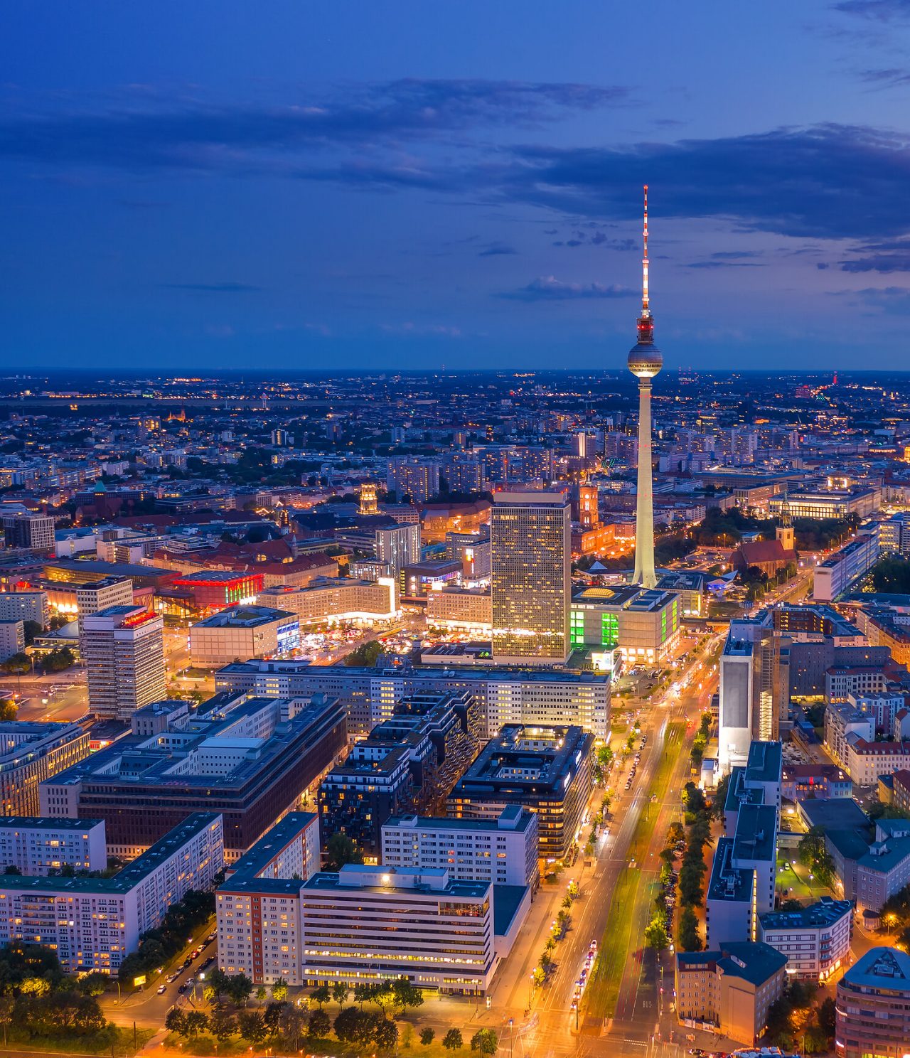 Night urban landscape of Berlin, illuminated, highlighting the famous Television Tower