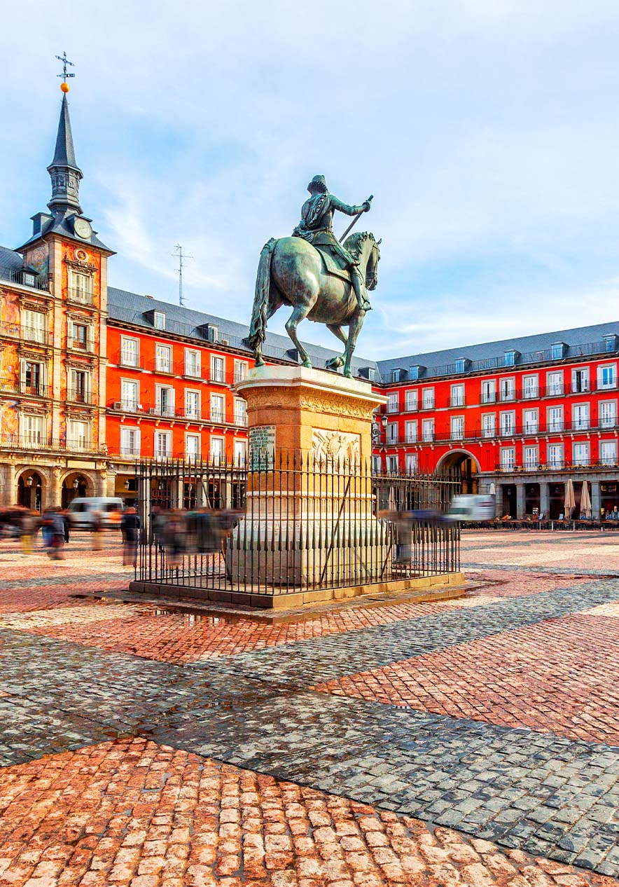 Plaza Mayor in Madrid built in the 17th century surrounded by buildings of baroque architecture and arcades